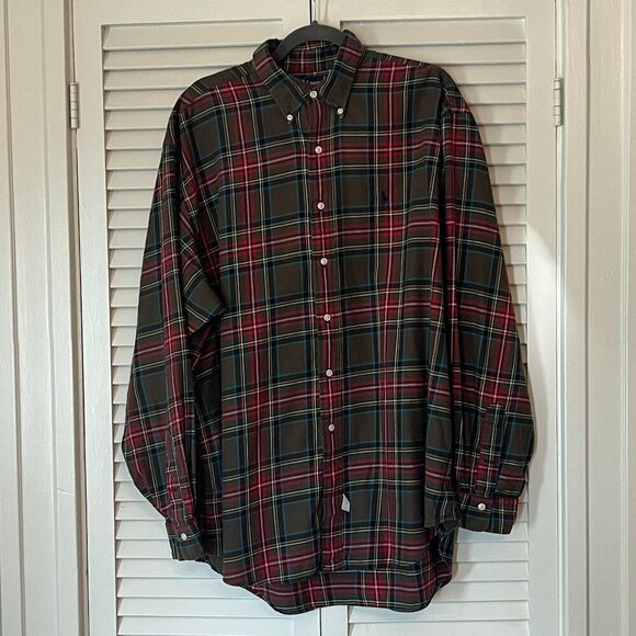 Ralph Lauren buttondown XL men cotton olive green red plaid vintage 90s - Picture 1 of 11